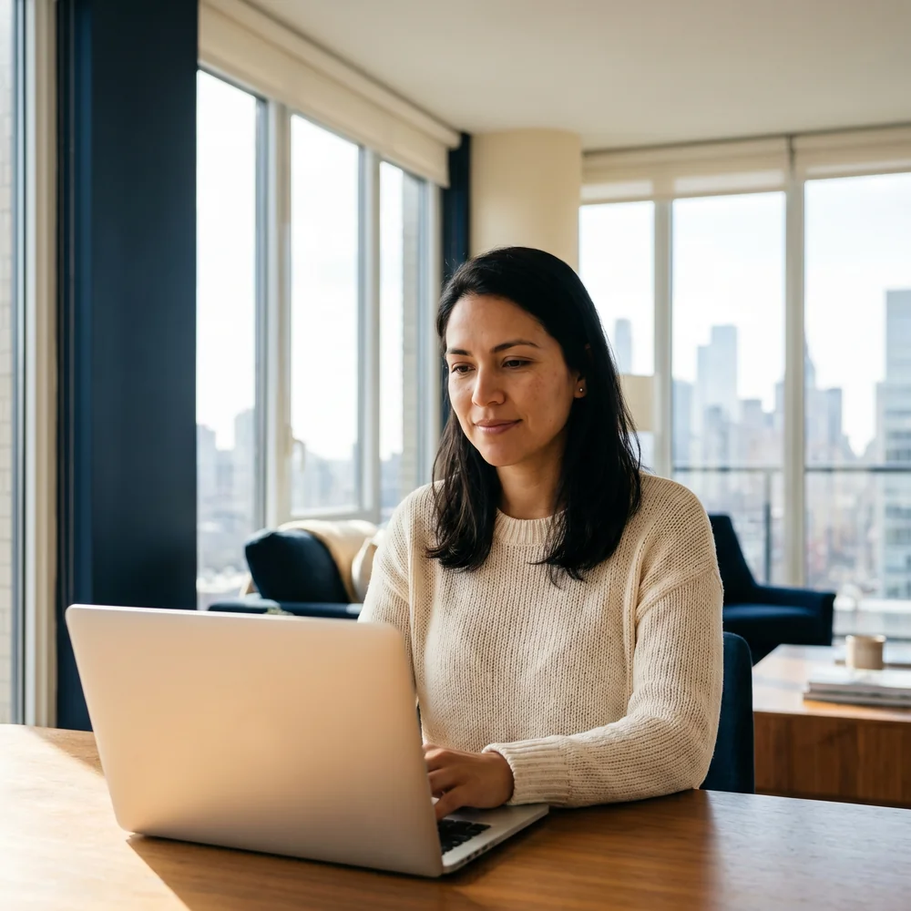 Editorial photograph of a female entrepreneur working freely from a modern space