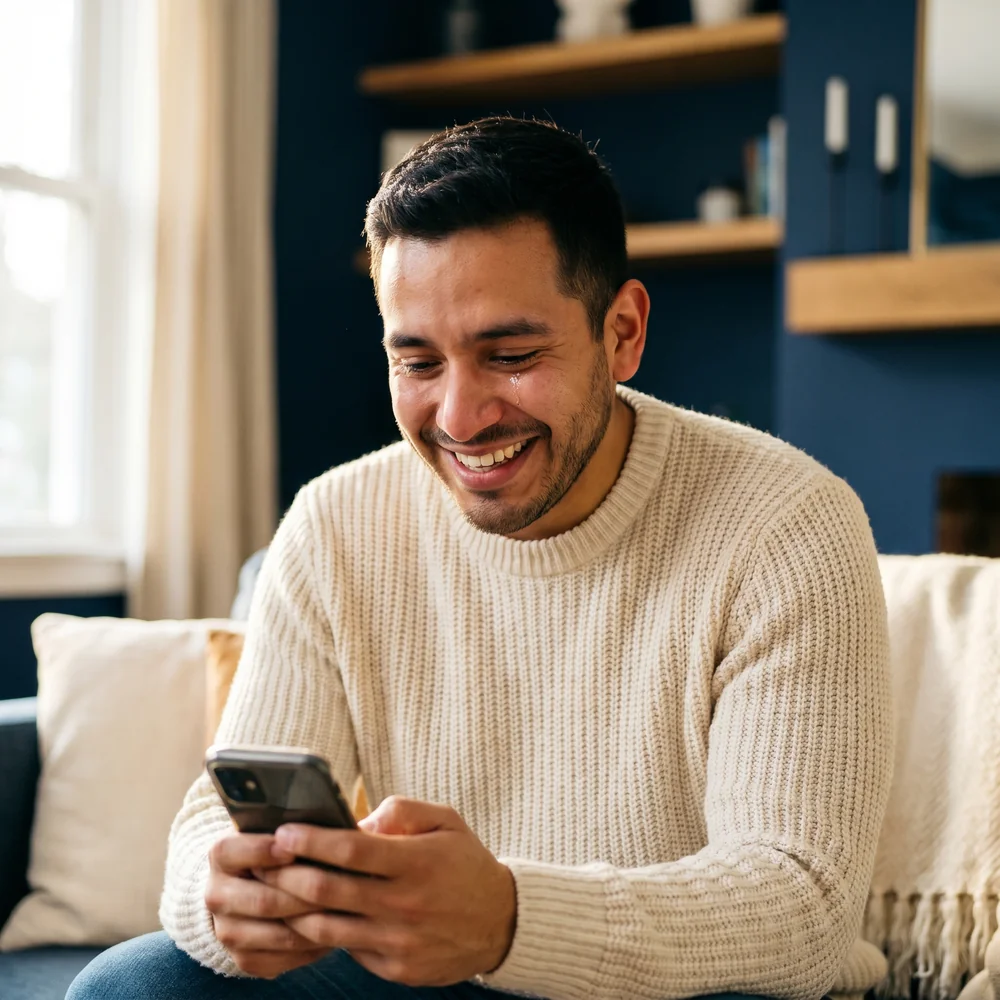 Photograph of an entrepreneur reacting with joy to good news on their phone