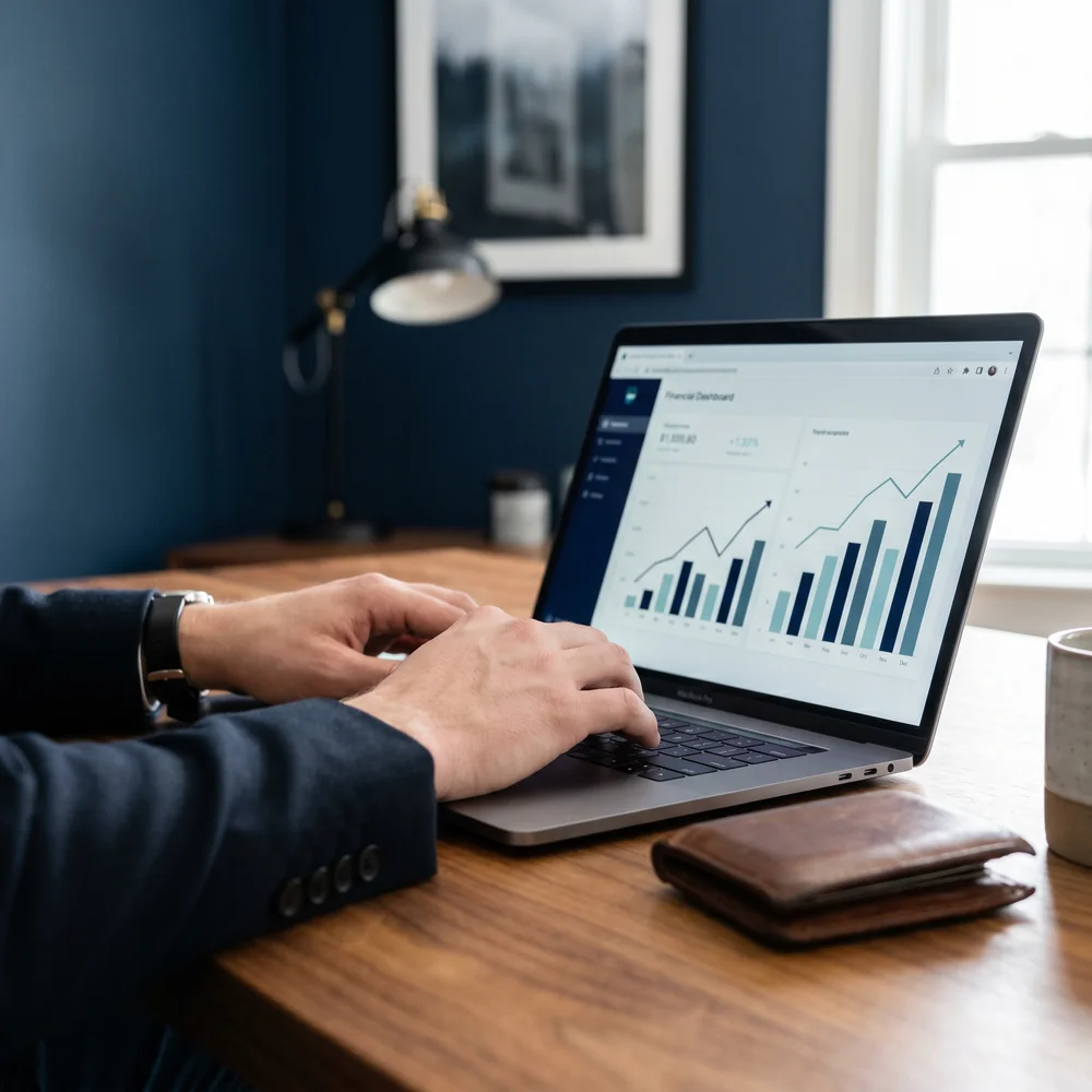 Photograph of hands on a laptop showing a sales and commissions dashboard